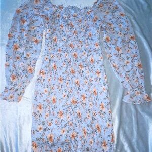 Blue Floral Smocked Long Sleeve Mini Dress